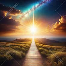way to horizon with cloudy sky and star galaxy glow idea for spiritual knowing yourself and god concept