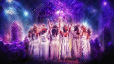 Women in flower wreath and floral crown in magic beautiful crystal heaven. Crystal kingdom. symbol of summer solstice