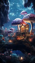 An animated scene with mushrooms and a house in the forest, AI