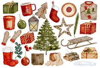 Watercolor Christmas clipart set. Hand drawn fir branch, christmas tree, mug, gift box, sleigh, candle, ginger cookie, sweater,