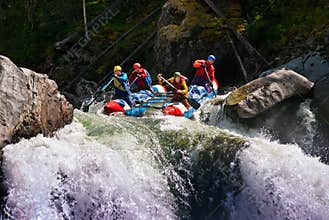 Rafting on dangerous mountain river