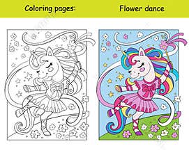 Cute dancing unicorn ballerina coloring book page and color