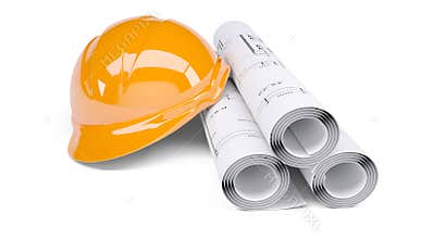 Rolls of architectural drawings and orange helmet