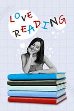 Vertical creative collage image of positive beautiful pretty young student woman look pile stack book love reading text