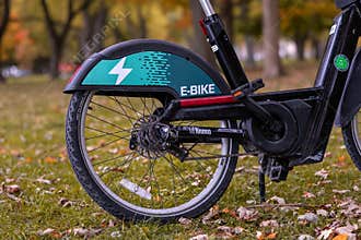 Close up of an e-bike from the Toronto Bike Share system in a park with colorful fall foliage
