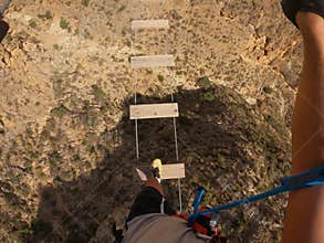point of view. Overcoming fears crossing a suspension bridge of a via ferrata, vertical situation due to great height. move