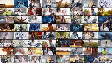 Collage with many different people in a variety of activities, jobs, businesses, studies and hobbies. Set collection of