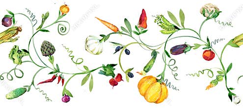 Watercolor vegetables. Organic fresh food seamless pattern. vegetable background. Traditional botanical illustrations.