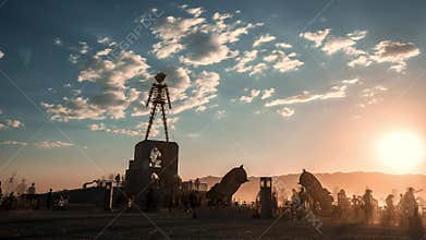 Beautiful time lapse of the Burning Man desert festival with art objects at sunrise.