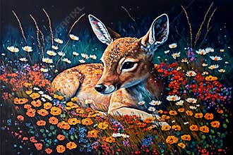 Drawing colorful flowers wall digital art with deer. 3d modern wall decor on light background