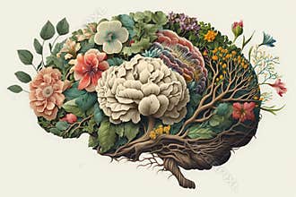 Human brain with spring flowers, symbolising mental health and self care concept, positive thinking, creative mind, positive ideas