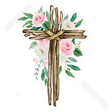 Watercolor cross decorated with flowers, Easter religious symbol