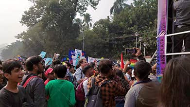 Decorated tableau of pride walk with lgbtq members and supporters demanding job