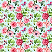 Bright vintage seamless background pattern. Rose, anemones, lilies with butterfly. hand drawn watercolor