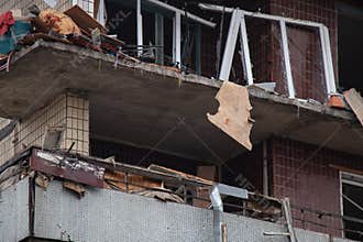 A house blown up by a Russian rocket in the city of Dnipro on Pobeda Street in Ukraine, War in Ukraine, a rocket attack on