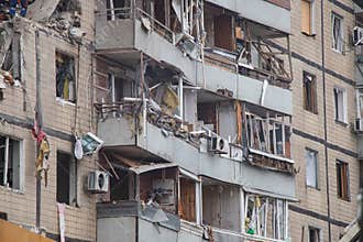 A house blown up by a Russian rocket in the city of Dnipro on Pobeda Street in Ukraine, War in Ukraine, a rocket attack on