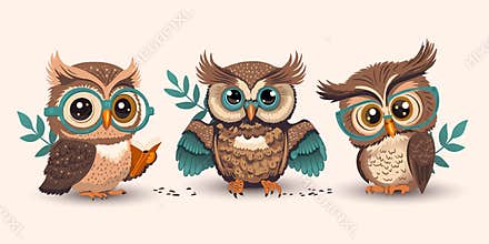 Cute cartoon owl in glasses set with a book, smart student kids collection, teacher student bird funny animal.