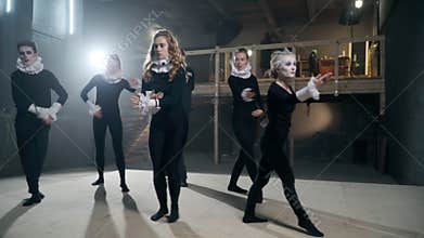 Wide shot unsure actress getting confused making mistake rehearsing on backstage catching up. Hesitating Caucasian young