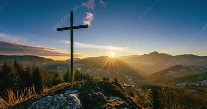 Magic Sunrise over christian cross religion symbol of faith and hope in autumn morning nature Time lapse