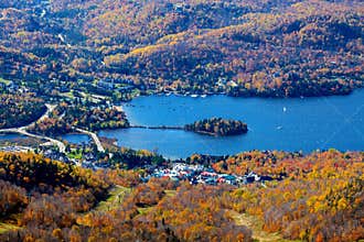 Aerial view Mont Tremblant lake and village
