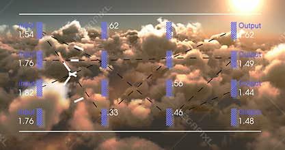 Animation of interface with data processing against clouds and shining sun in the sky