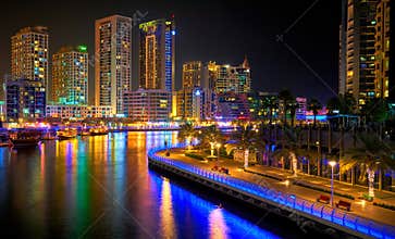 architectural landscape in the United Arab Emirates, Dubai at night.