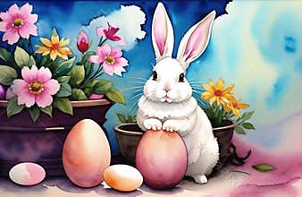 Watercolor painting Easter bunny, Eggs, Landscape. Easter theme Design. Happy Easter AI Generated