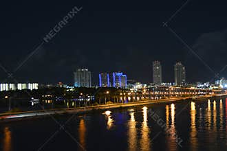 Night Skyline of Miami with Reflections on the Water
