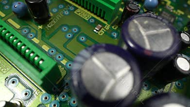 reen Printed Circuit Board, Computer Motherboard Components: Microchips, CPU Processor, Transistors, Semiconductors