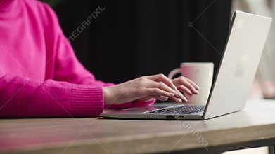 A business woman in a pink sweater is actively typing on a laptop keyboard. A girl with a cup of coffee works remotely