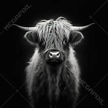 Close up of a bull head. Highland calf in black and white High resolution image.
