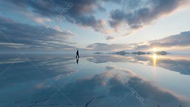 Amazing Uyuni Salt Flats at sunrise, tourist walk by, Bolivia