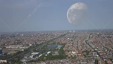 Jakarta top view with big moon view.