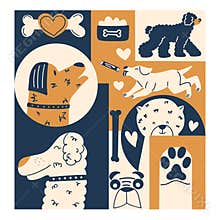Time cards with stylish and funny animals. Pattern in hand drawn style with dog. Vector illustration in flat style