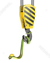 Green cobra hangs on crane hook