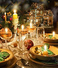 Christmas dinner table with christmas mood