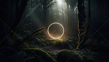 Mystical glowing neon light creepy circle or portal in the forest, AI generated