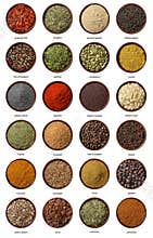 Different spices isolated on white background.