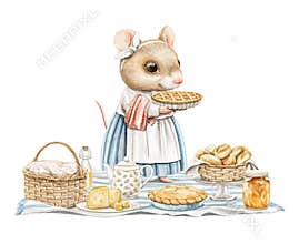Watercolor cartoon composition with mouse girl animal with food on picnic
