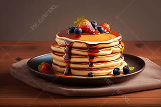 Tasty Pancakes on Brown Background. Generative AI