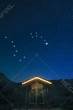 Starry sky showing constellation of great bear and little bear and the North Star