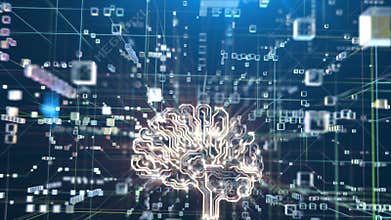 Artificial Intelligence, the Camera Flies Through the Data Cloud to the Pulsating Electronic Brain. Beautiful 3d