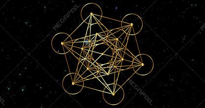 Video animation Metatron\'s Cube, Flower of Life. Golden Sacred geometry, graphic technology element black galaxy