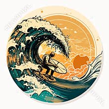 Surf scene with pipeline wave and rider. People water sport lessons and beach swimming activity on summer vacation. vector