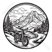 Motorbike trip to the mountains. Silhouette of mountains in the background. cartoon vector illustration, white background, label,
