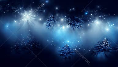 Dark blue christmas background with trees, snowflakes and toys