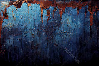 Blue rusted metal backround, distressed grunge background. Old metallic iron panel