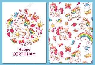Magic cute unicorn greeting card. Cartoon vector template