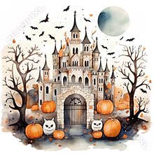 Banner for Halloween, horror concept. Watercolor illustration with a sinister castle and ghosts in a cartoon style