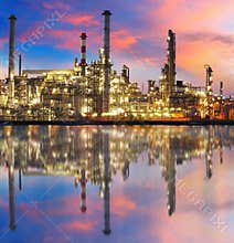 Oil gas refinery with reflection, factory, petrochemical plant